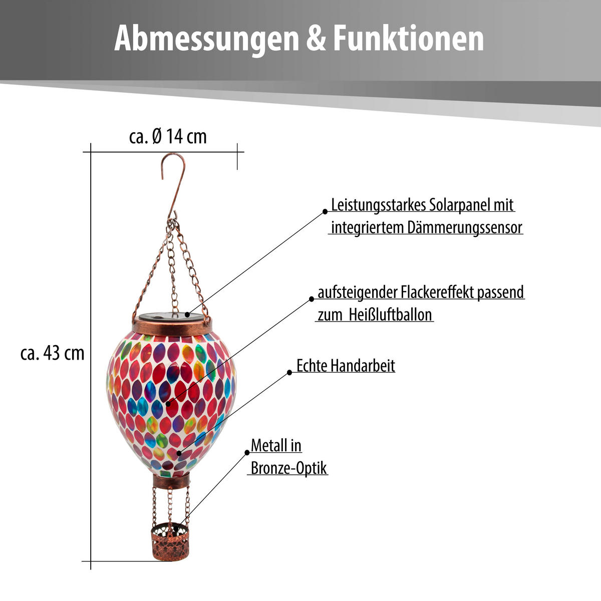 LED-SOLAR Mosaik Hängeleuchte mit Dämmerungssensor Glas Ø14x43cm - Bronzefarben, Glas (14/14/43cm) - Northpoint