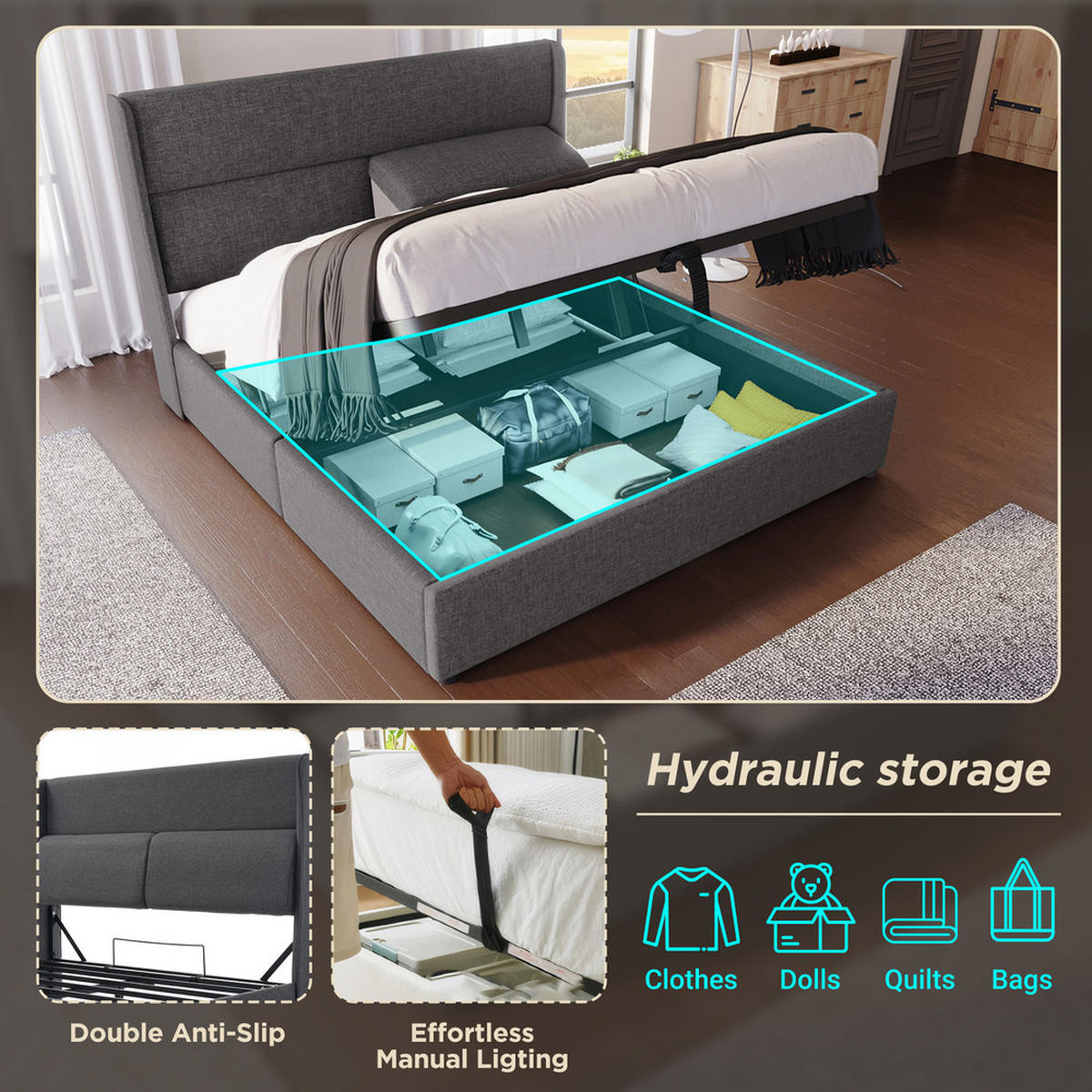 POLSTERBETT 160x200cm Doppelbett hydraulisch mit Stauraum & Kopfstütze Grau - Grau, Holz (160/200cm) - FLIEKS