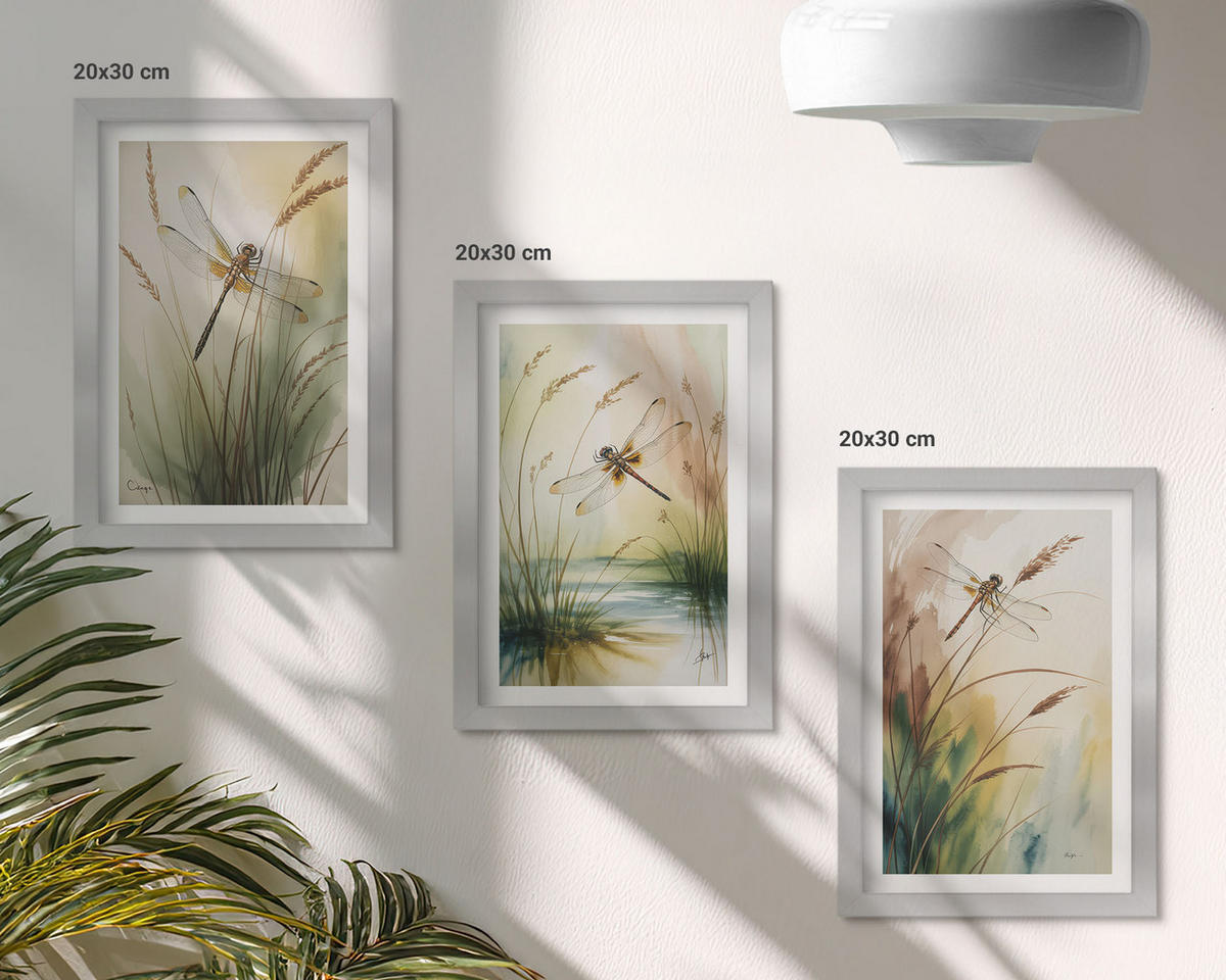 BILDER SET 3er Set - 20x30 cm Silberner Rahmen - Libellen im Gras, Wassermalerei - Silberfarben, Kunststoff (20/30cm) - TULUP