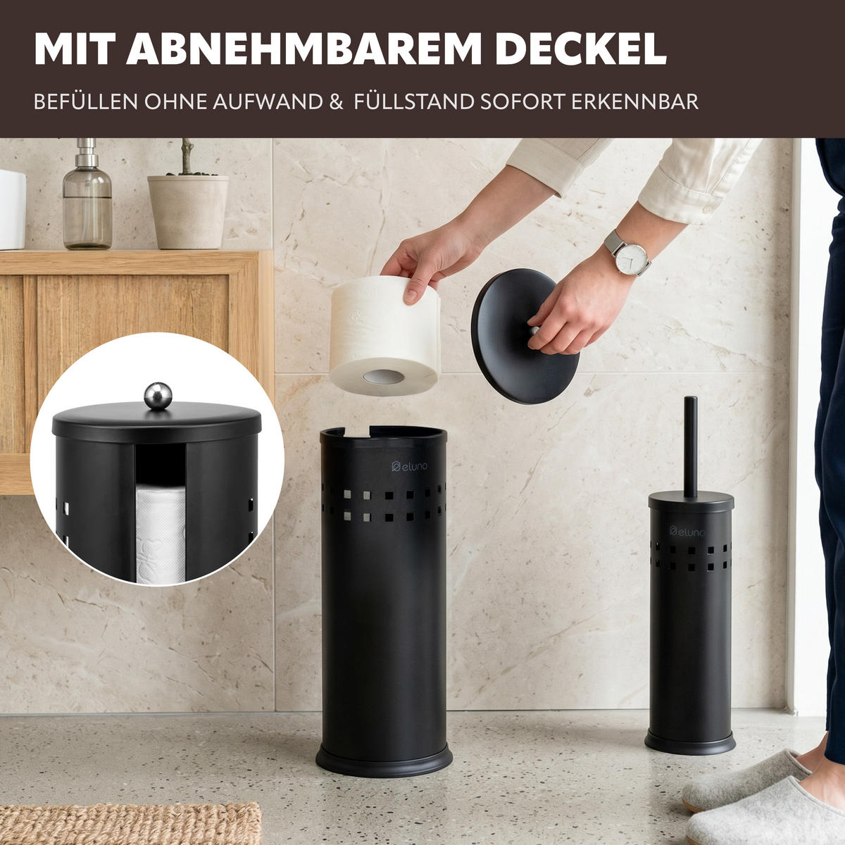 TOILETTENPAPIER-AUFBEWAHRUNG AGLIANO, Metall, schwarz - Schwarz, Metall (14.5/37.5/14.5cm) - eluno