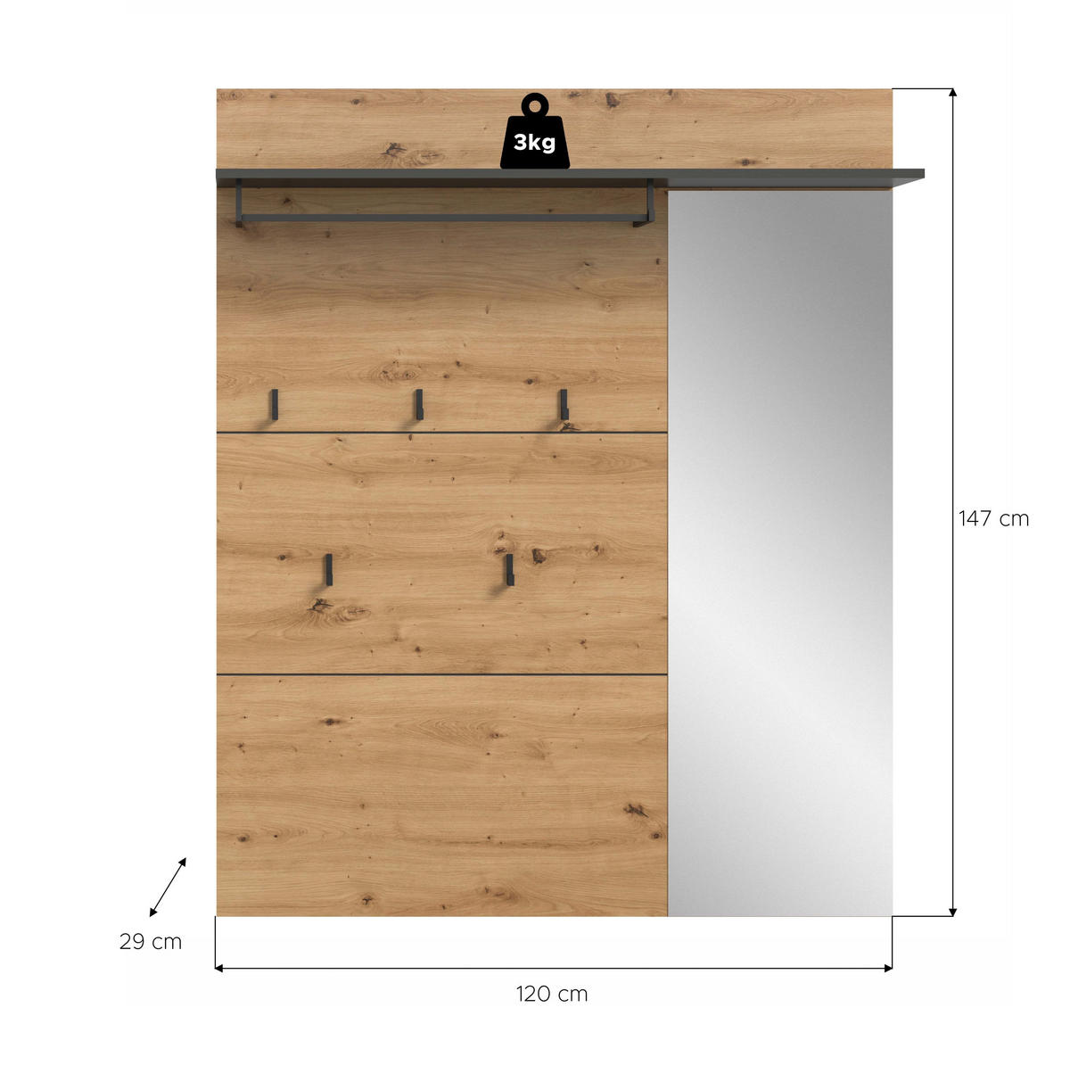 GARDEROBENPANEEL INKL. SPIEGEL Canu Artisan 120/29/147 cm - Grau, Holzwerkstoff (120/147/29cm) - Xonox