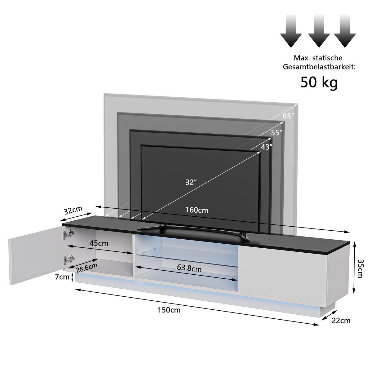 TV LOWBOARD 160x32x35 cm LED 16 Farben Türen Holz weiß schwarz - Weiß, Holz (160/42/32cm) - LEBENLANG