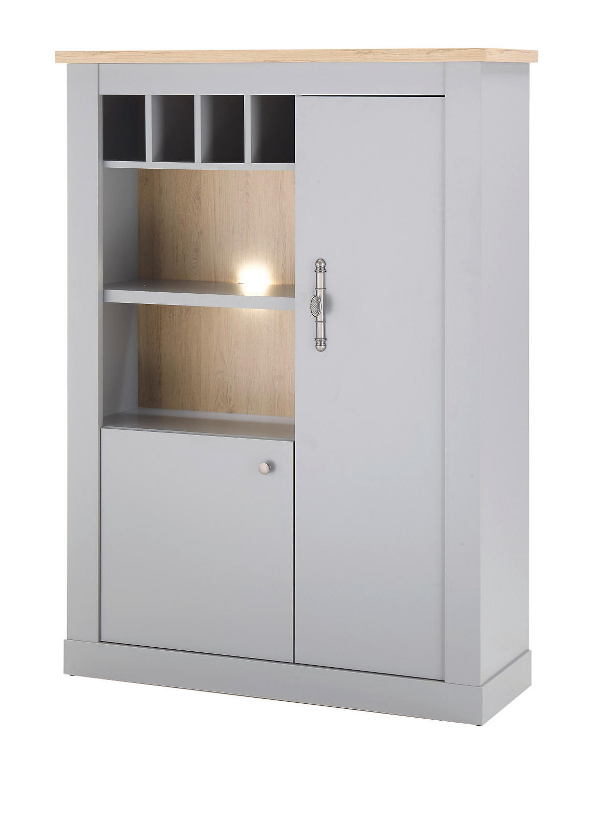 HIGHBOARD grau, Artisan Eiche 130 cm, Kommode im Landhaus-Stil - Silberfarben/Hellgrau, Holzwerkstoff/Metall (103/142/37cm) - Furn.Design