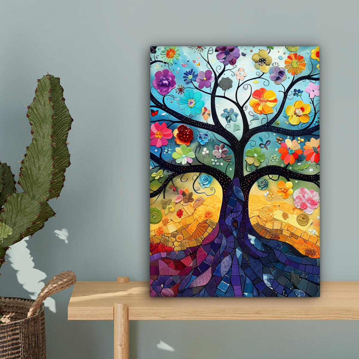 LEINWANDBILD Kunst - Baum des Lebens - Blumen - Hippie Deko Wohnzimmer 20x30 cm - Dunkelblau, Textil (20/30cm) - MuchoWow