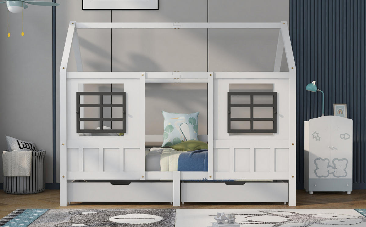 HAUSBETT 200/90 cm Weiß mit 2 Schubladen und Fenstern ohne Matratze - Weiß, Holz (90/200cm) - MIVRAY