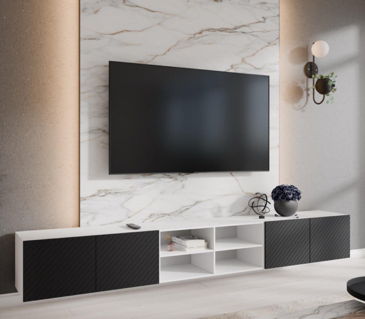 TV-SCHRANK Schwarz NIKOL Gefräste Fronten Mit Regalen 300 cm - Schwarz/Weiß, Holzwerkstoff (300/41/40cm) - Sepro Meble