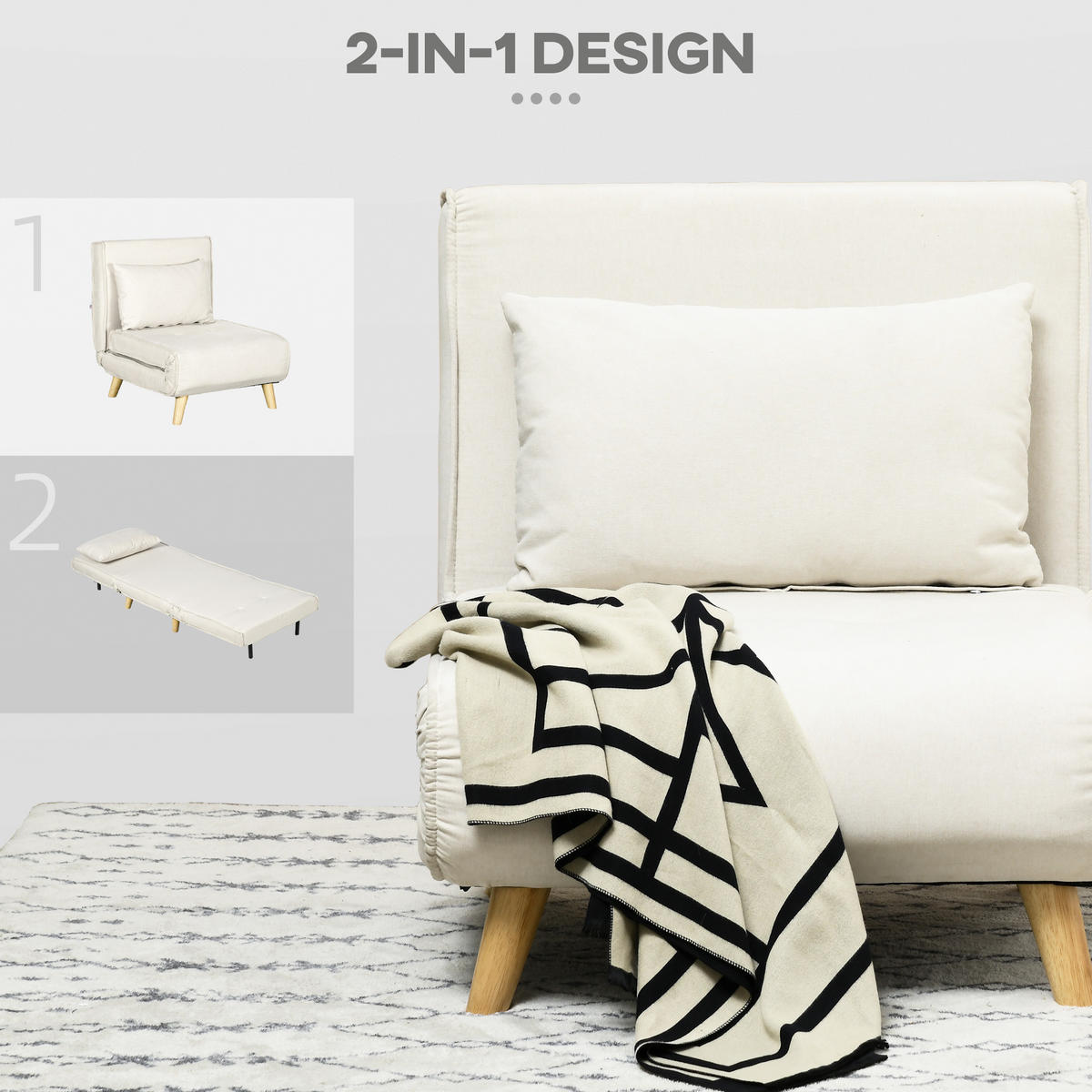 SCHLAFSESSEL, Klappbett mit Bettfunktion, Lendenkissen, für Wohnzimmer Creme - Creme/Naturfarben, Holz/Textil (78/79/72cm) - HOMCOM