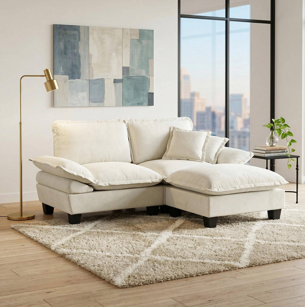 ECKSOFA 194/151/90 cm Beige aus Chenille mit Ottomanen und 2 Kissen - Beige, Textil (151/194cm) - OKWISH