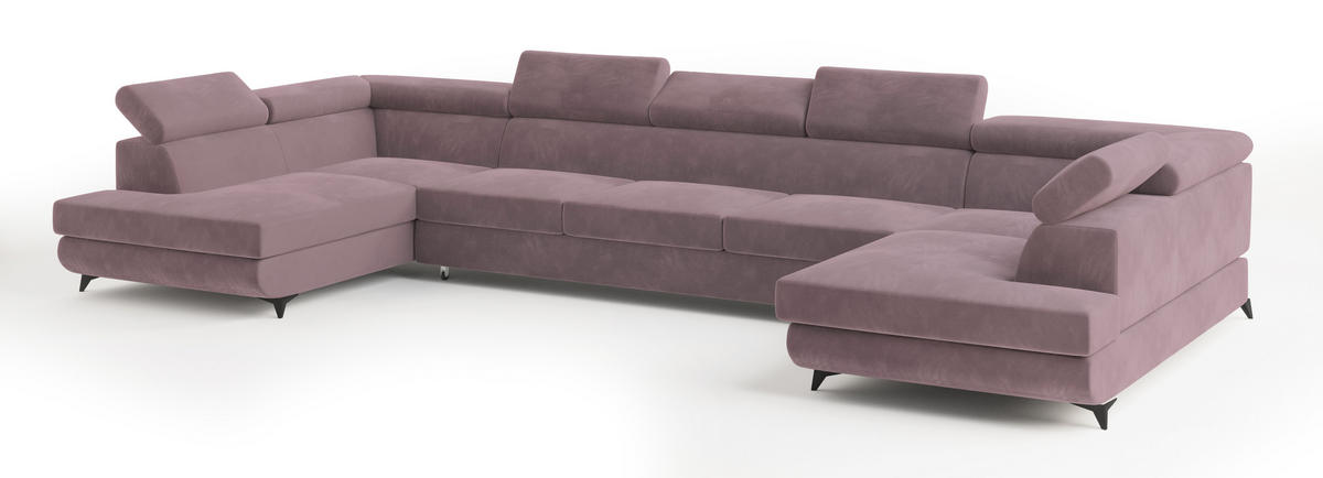 WOHNLANDSCHAFT URMANO Lila Velours-Stoff mit Schlaffunktion - Lila, Holz (395/89/190cm) - MASSENO