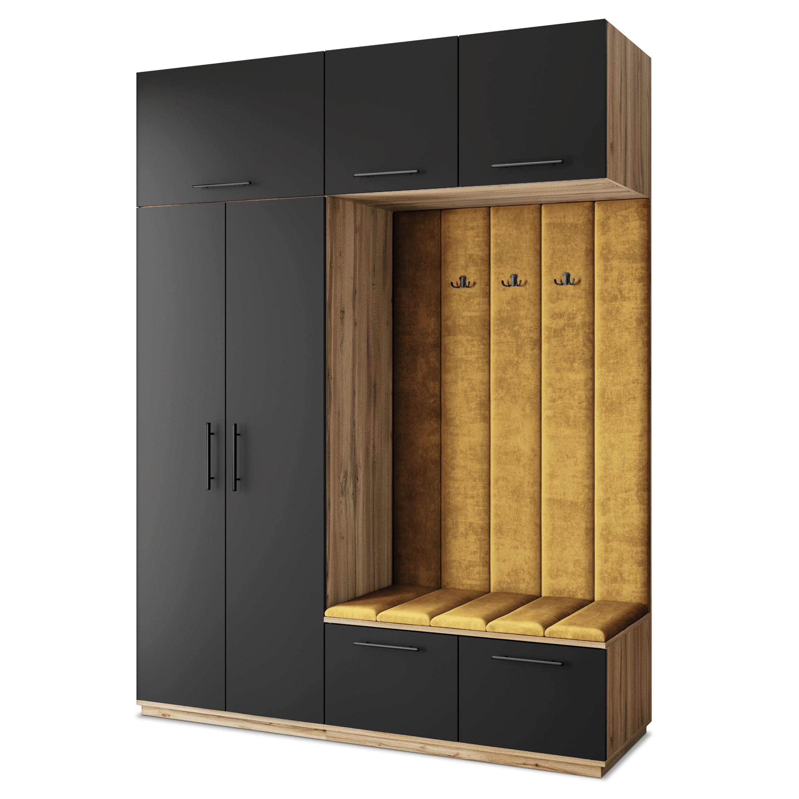 Masseno Garderobenschrank Eiche Wotan, Schwarz, Gelb 180x240x60 cm