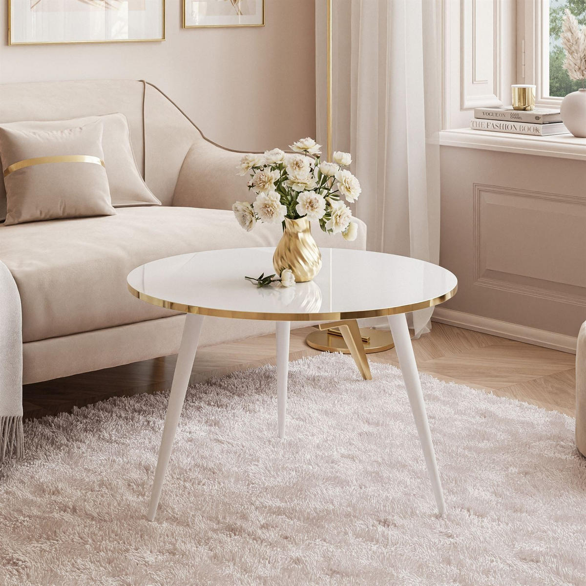 COUCHTISCH SOLEIL 2in1, rund, Hochglanz und Weiß Beinen - Weiß, Holzwerkstoff (70/70/47cm) - Lookway