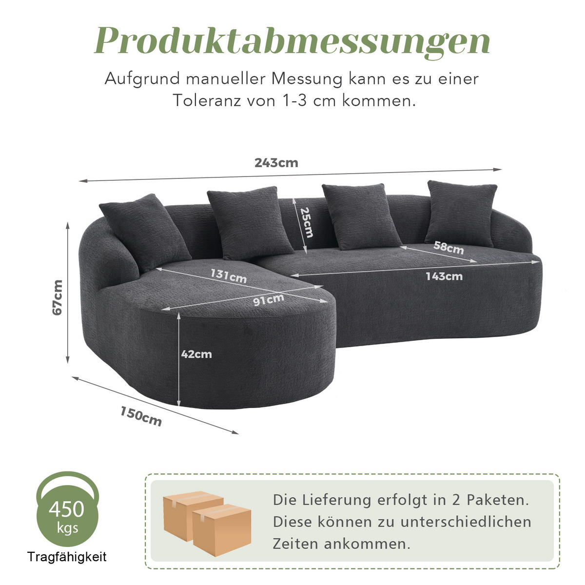 ECKSOFA Chenille Dunkelgrau werkzeugfreie Montage - Dunkelgrau, Textil (243/150cm) - WISHDOR
