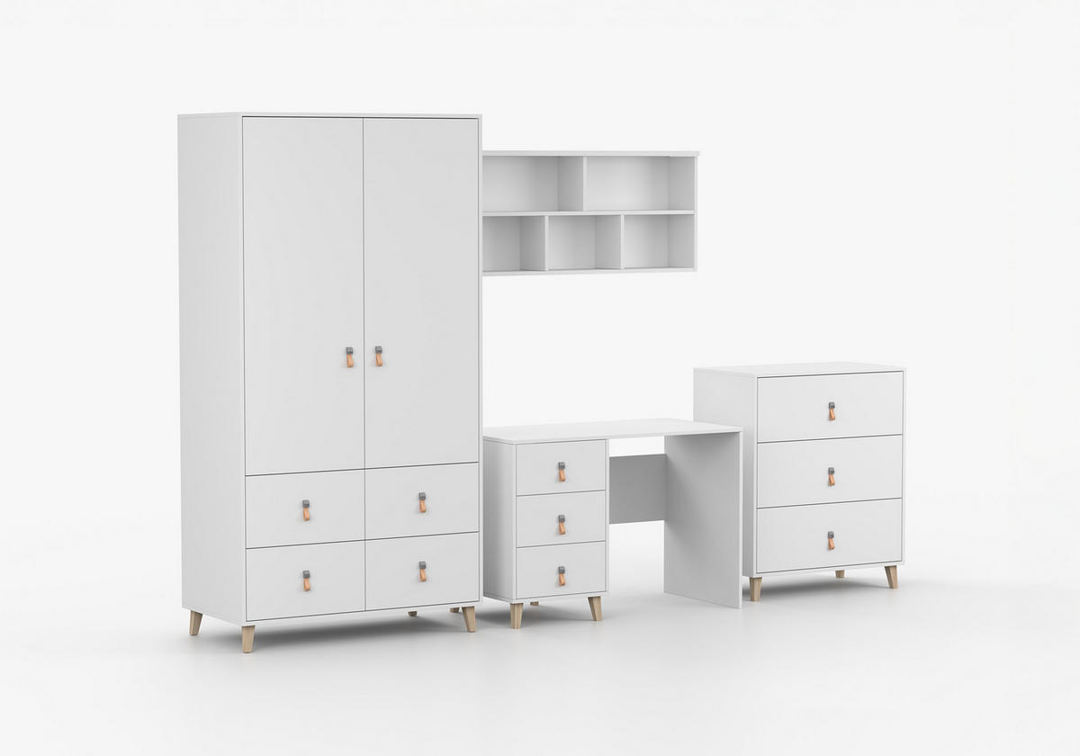 JUGENDZIMMER Svala 4 teilig in Weiß, Skandinavischer Stil, kleiner Kleiderschrank, Schreibtisch, Kommode 02, Wandregal - Weiß, Holzwerkstoff (80/200/120cm)