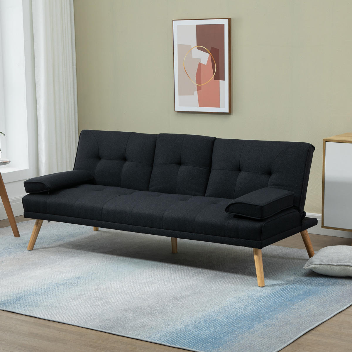 SCHLAFSOFA, 3-Sitzer-Schlafcouch mit Klappbarem Tisch, Becherhalter, Grau - Naturfarben/Grau, Holz/Textil (77/78/181cm) - HOMCOM