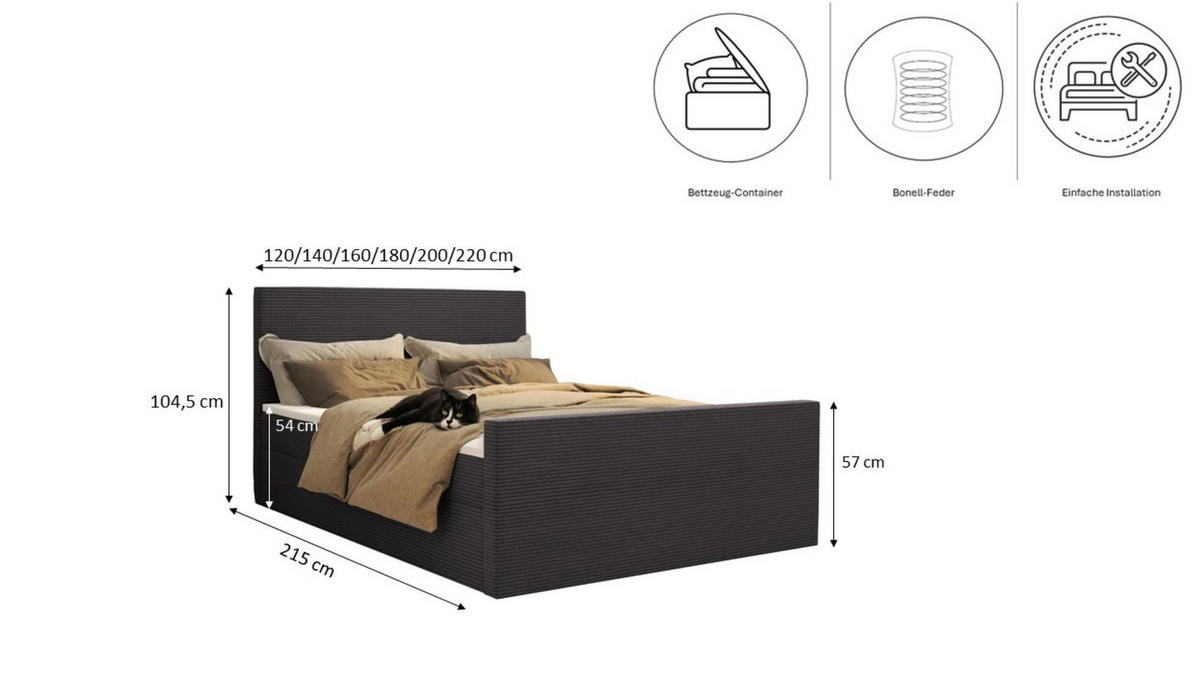BOXBETT Mit Bettkasten Und Topper VIESTA Stoff Poso Dunkelgrau 140x200 cm H2-Pocket - Dunkelgrau, Holz/Kunststoff (140/200cm) - Kaiser Möbel