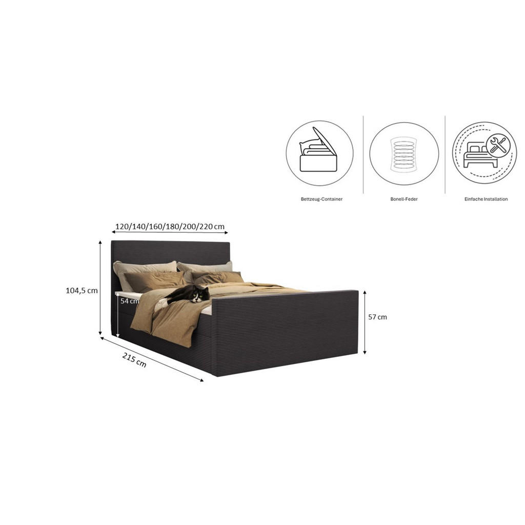 Thumbnail - Kaiser Möbel Boxbett, Dunkelgrau, Textil, 2-Sitzer, H3, Höhe ca. 2 cm, nicht einzeln stellbar,Rechteckig, 120x200 cm, Sc...