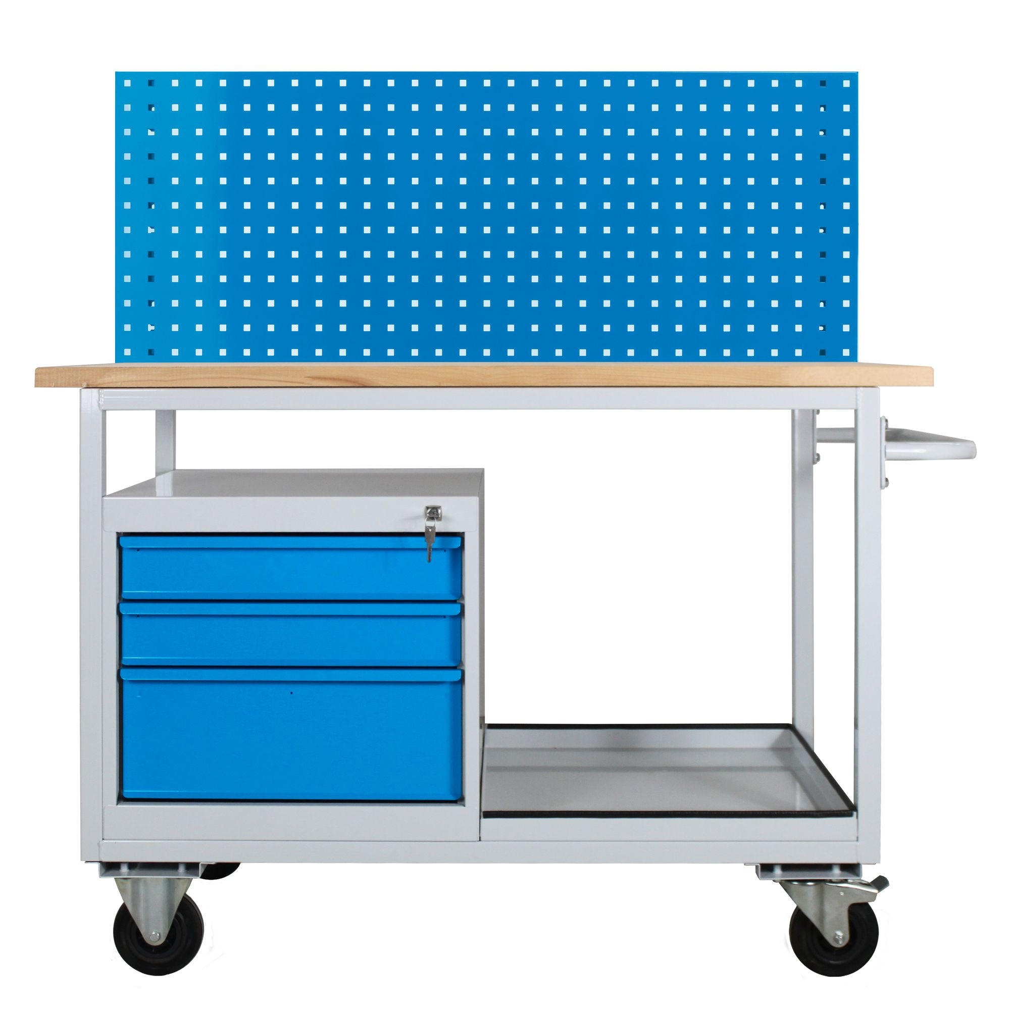 WERKBANK mobil Light Rhino mit Ablagefach, 3 Schubladen & Lochplatte 131x130x60cm 2 Lenkrollen Traglast 300kg Lichtgrau/Lichtblau - Blau, Holz (130/131/60cm) - PROREGAL
