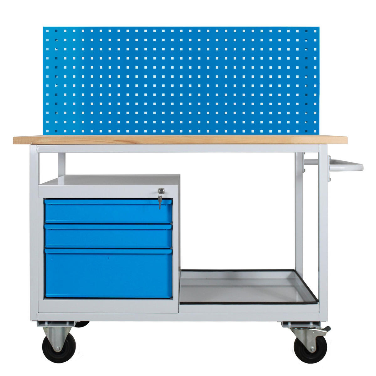 WERKBANK mobil Light Rhino mit Ablagefach, 3 Schubladen & Lochplatte 131x130x60cm 2 Lenkrollen Traglast 300kg Lichtgrau/Lichtblau - Blau, Holz (130/131/60cm) - PROREGAL