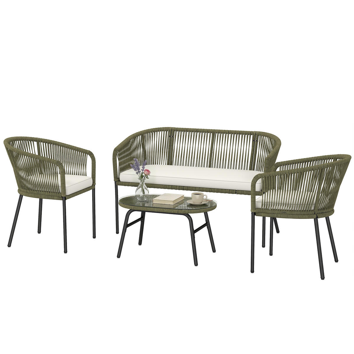 GARTENLOUNGE-SET Creme Stahl 4-teilig mit Kissen - Creme, Holzwerkstoff - PANGIVO