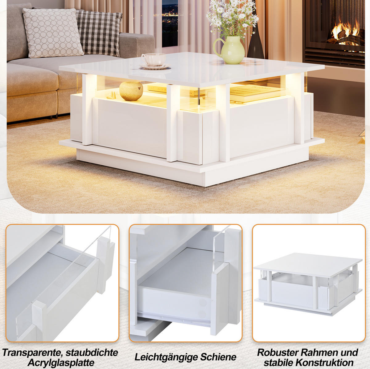COUCHTISCH aus Spanplatte 70x70x35 cm Weiß mit 2 Schubladen, LED-Beleuchtung und Acryl-Trennelementen - Weiß, Holzwerkstoff (70/70/35cm) - IVMEU