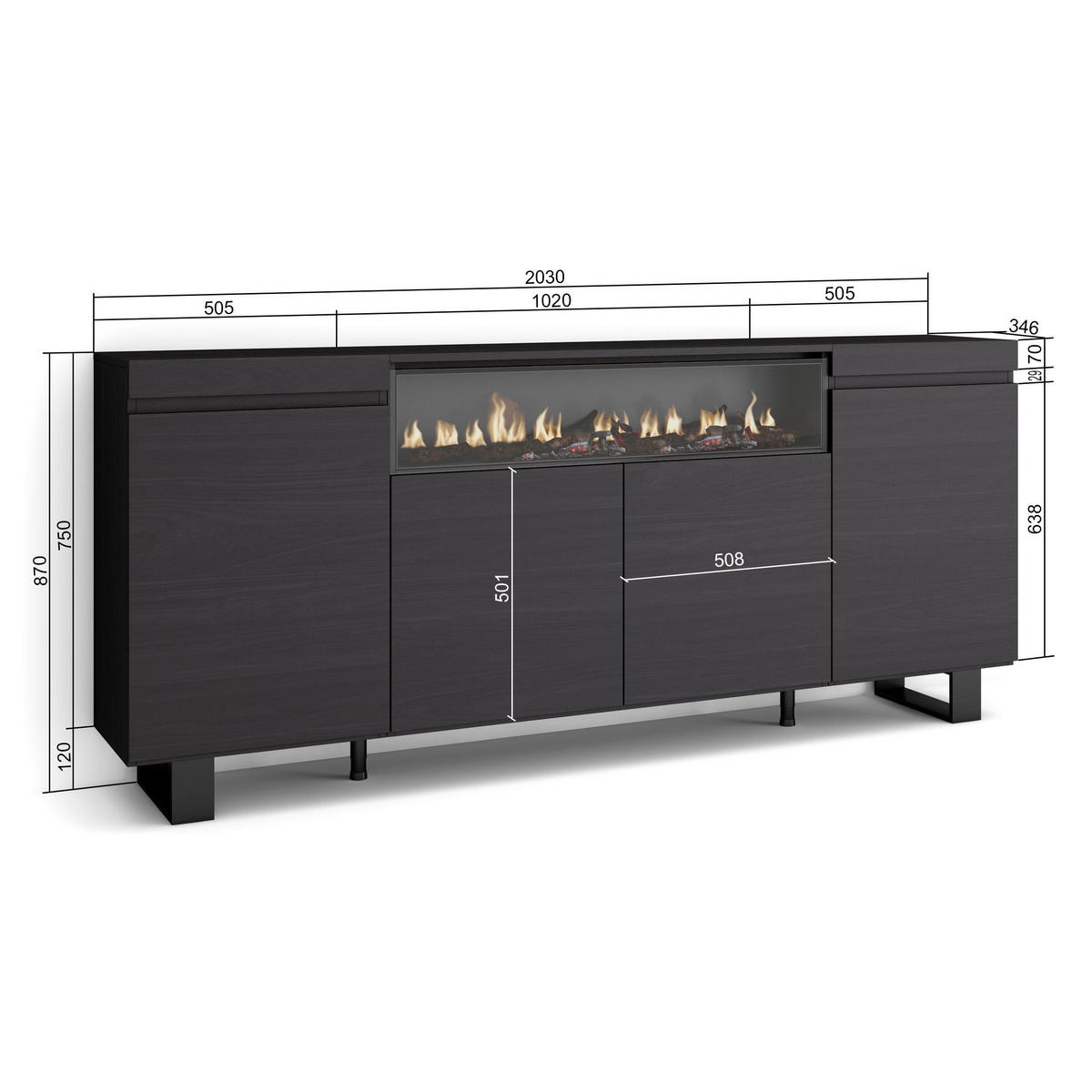 SIDEBOARD Elektrokamin, schwarz, 200/35/87cm - Schwarz, Holzwerkstoff (200/87/35cm) - Skraut Home