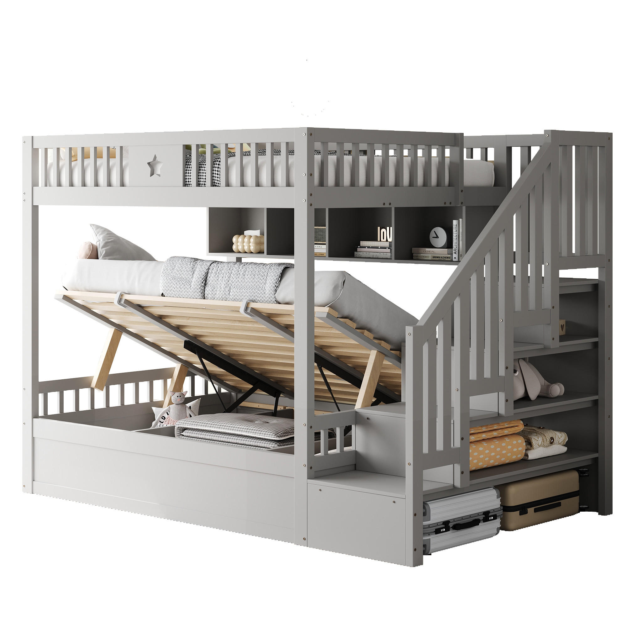 ETAGENBETT Grau aus Holz als Etagenbett mit hydraulischem Unterbett, Stauraumtreppe und Sicherheitsgeländer - Grau, Holz (140/200cm) - Luhomfu