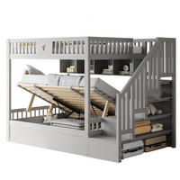 ETAGENBETT Grau aus Holz als Etagenbett mit hydraulischem Unterbett, Stauraumtreppe und Sicherheitsgeländer - Grau, Holz (140/200cm) - Luhomfu