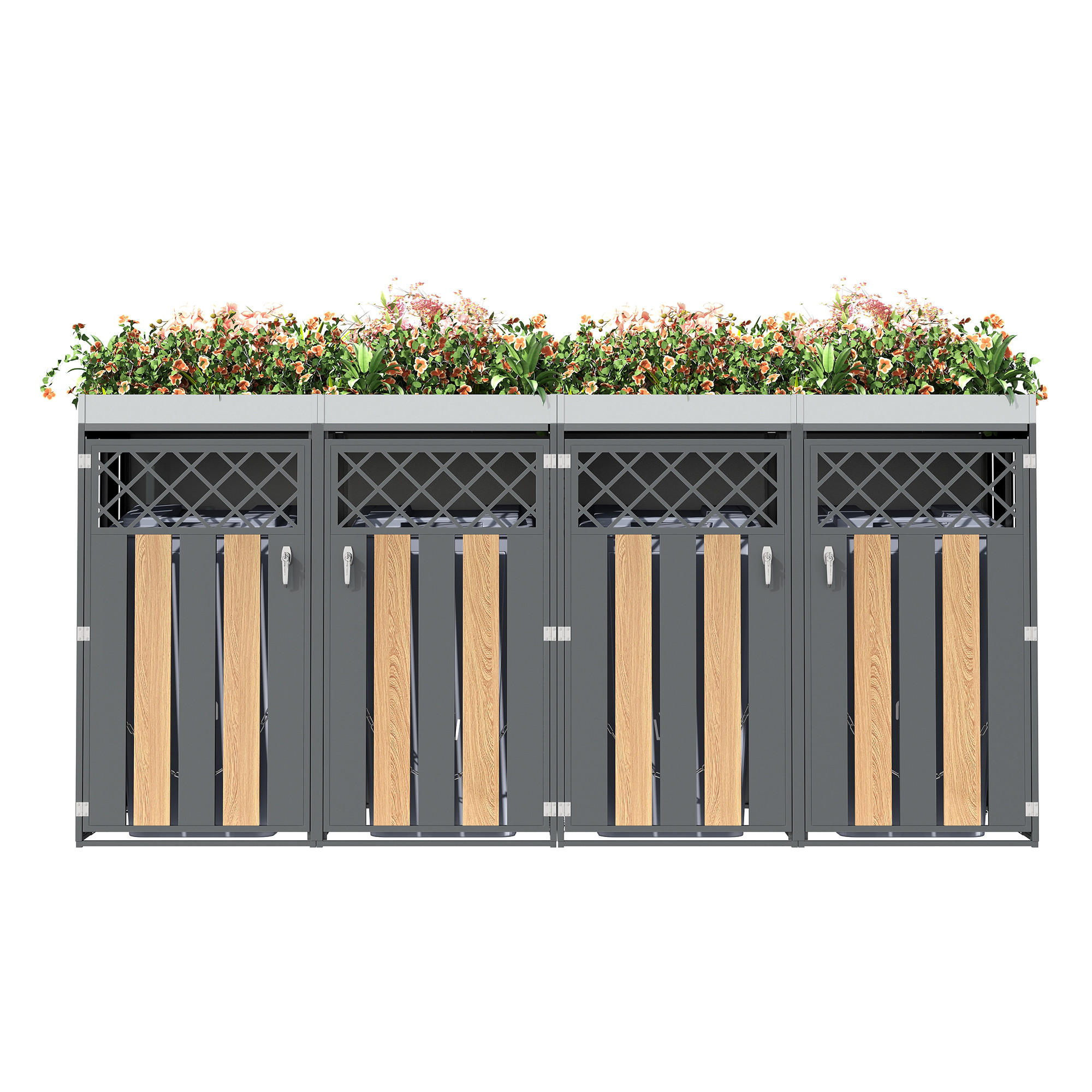MÜLLTONNENBOX 4 Türen abschließbar Pflanzdach Belüftung - Multicolor, Metall (160/163/264cm) - FLIEKS