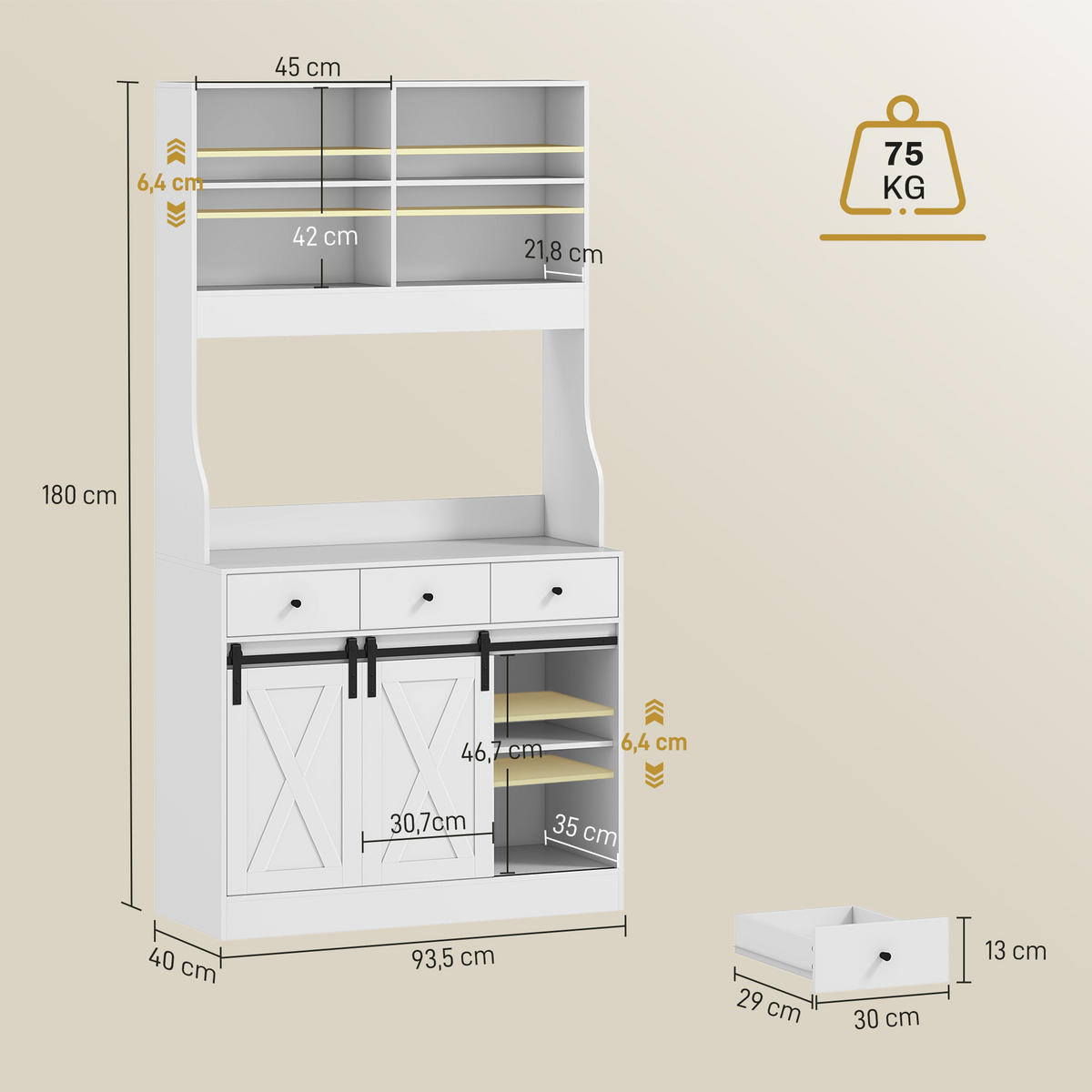 KÜCHENSCHRANK, Hochschrank mit Arbeitsplatte, Buffetschrank mit Schiebtüren - Weiß, Holzwerkstoff (40/180/93.5cm) - HOMCOM