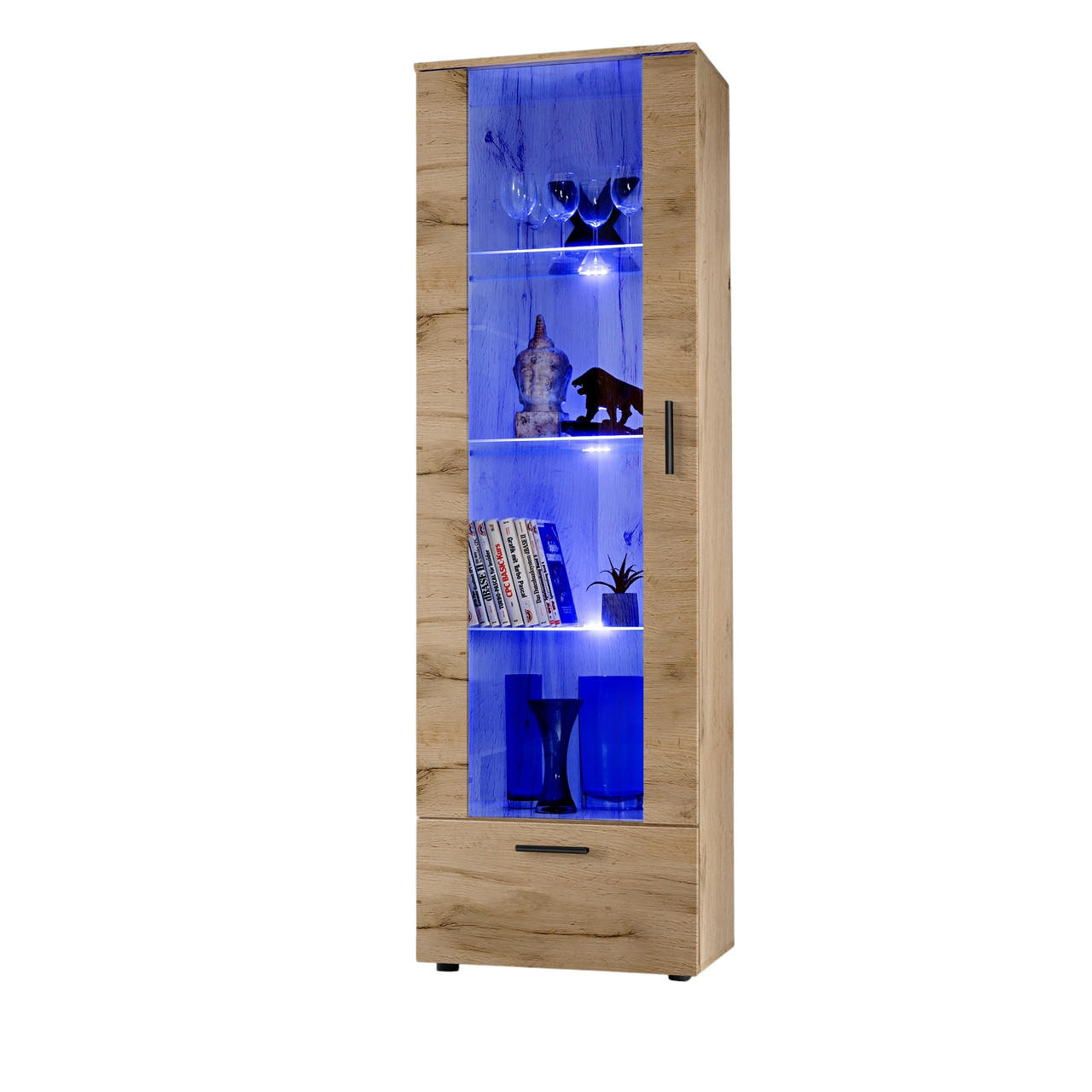 VITRINE ALESSANDRIA, Wotan, LED Blau - Eiche Wotan/Schwarz, Glas/Holzwerkstoff (60/192/42cm) - Komodee