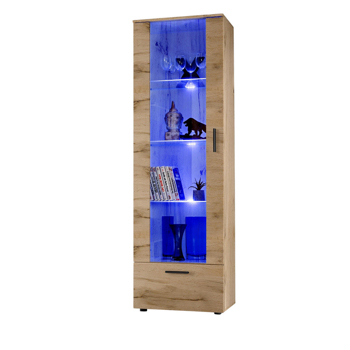 VITRINE ALESSANDRIA, Wotan, LED Blau - Eiche Wotan/Schwarz, Glas/Holzwerkstoff (60/192/42cm) - Komodee