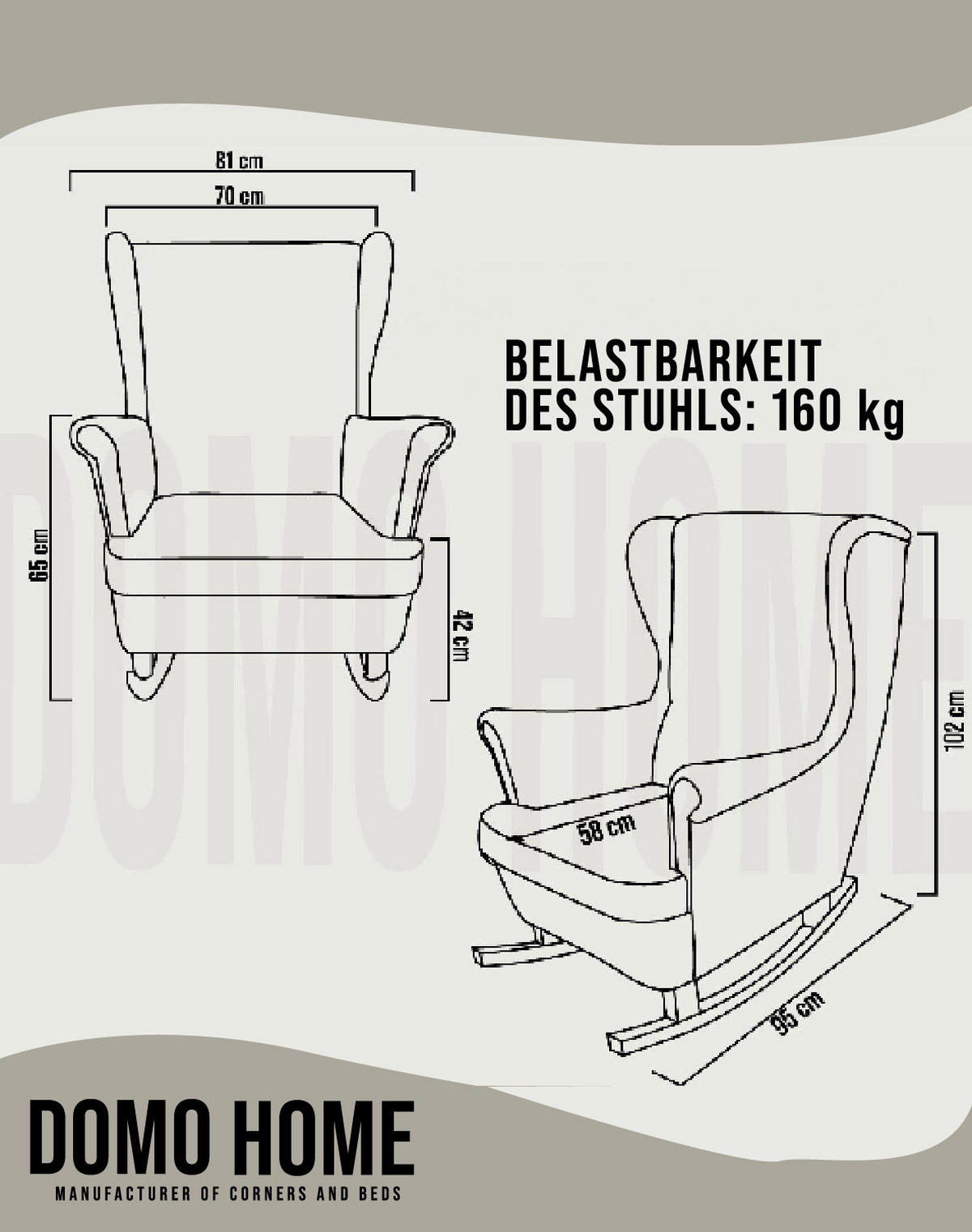 SCHAUKELSESSEL mit gepolstertem Sitz und Armlehnen, 102x81x95 cm, Grau_29843 - Buchefarben/Grau, Holz/Textil (81/102/95cm) - DomoHome