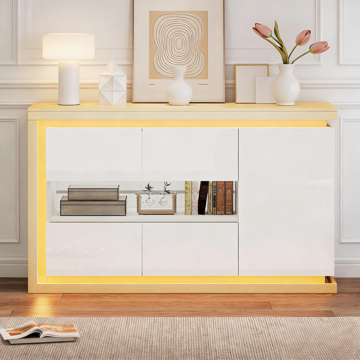 SIDEBOARD in Weiß Hochglanz-Wohnzimmerschrank mit verstellbarer Einlegeboden für Flur, Wohn-, Büros, B140/T40/TH84cm - Weiß/Naturfarben, Glas/Holzwerkstoff (140/84/40cm) - STILVORA