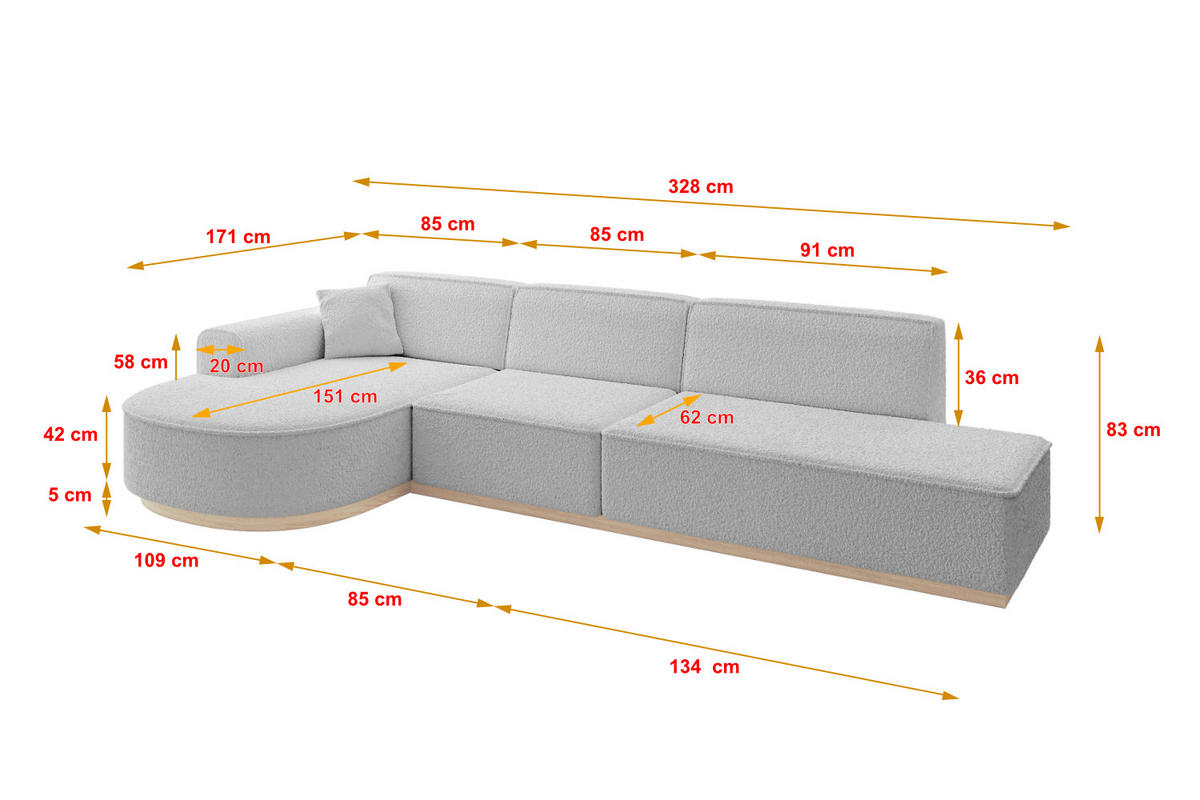 ECKSOFA Ottomane Links ARRIO-L2 - 328x171x83 cm Hellgrau - Hellgrau, Holzwerkstoff/Textil (328/171cm) - ALTDECOR