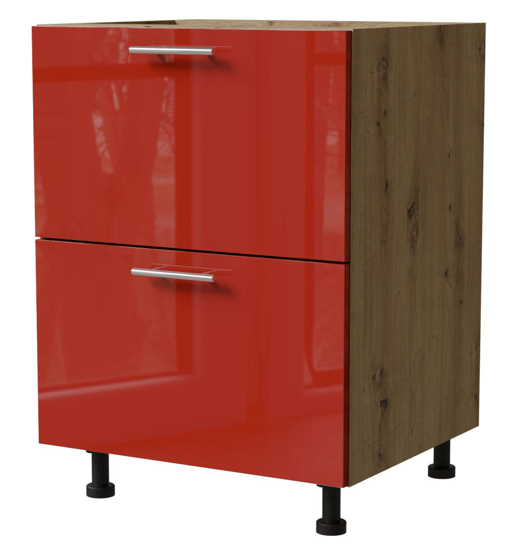 SCHUBLADENUNTERSCHRANK Brerra D2A/60/1A Korpus eiche artisan / Front RAL 3002 karminrot Hochglanz 60 / 50 / 82 cm - Rot/Eiche Artisan, Holz/Holzwerkstoff (60/82/50cm) - Feldmann-Wohnen