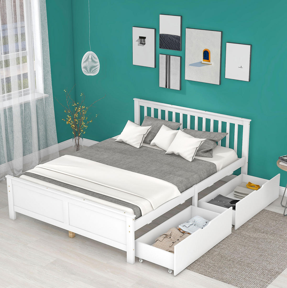 DOPPELBETT 140/200 cm mit 2 Schubladen und Massivholzrahmen, Weiß - Weiß, Holz (140/200cm) - Redom