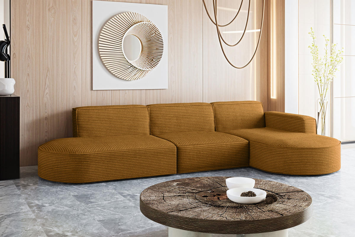 ECKSOFA Designer, Sofa L form MODENA 302 cm stoff Poso Senffarbe Rechts - Gelb, Holz (302/296cm) - Kaiser Möbel