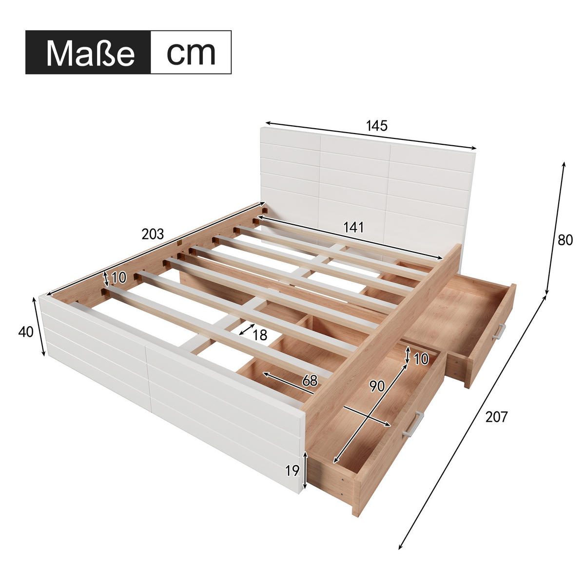 POLSTERBETT aus Massivholz und MDF 140x200 cm in Weiß mit 2 Schubladen - Weiß, Holzwerkstoff (140/200cm) - Modfu
