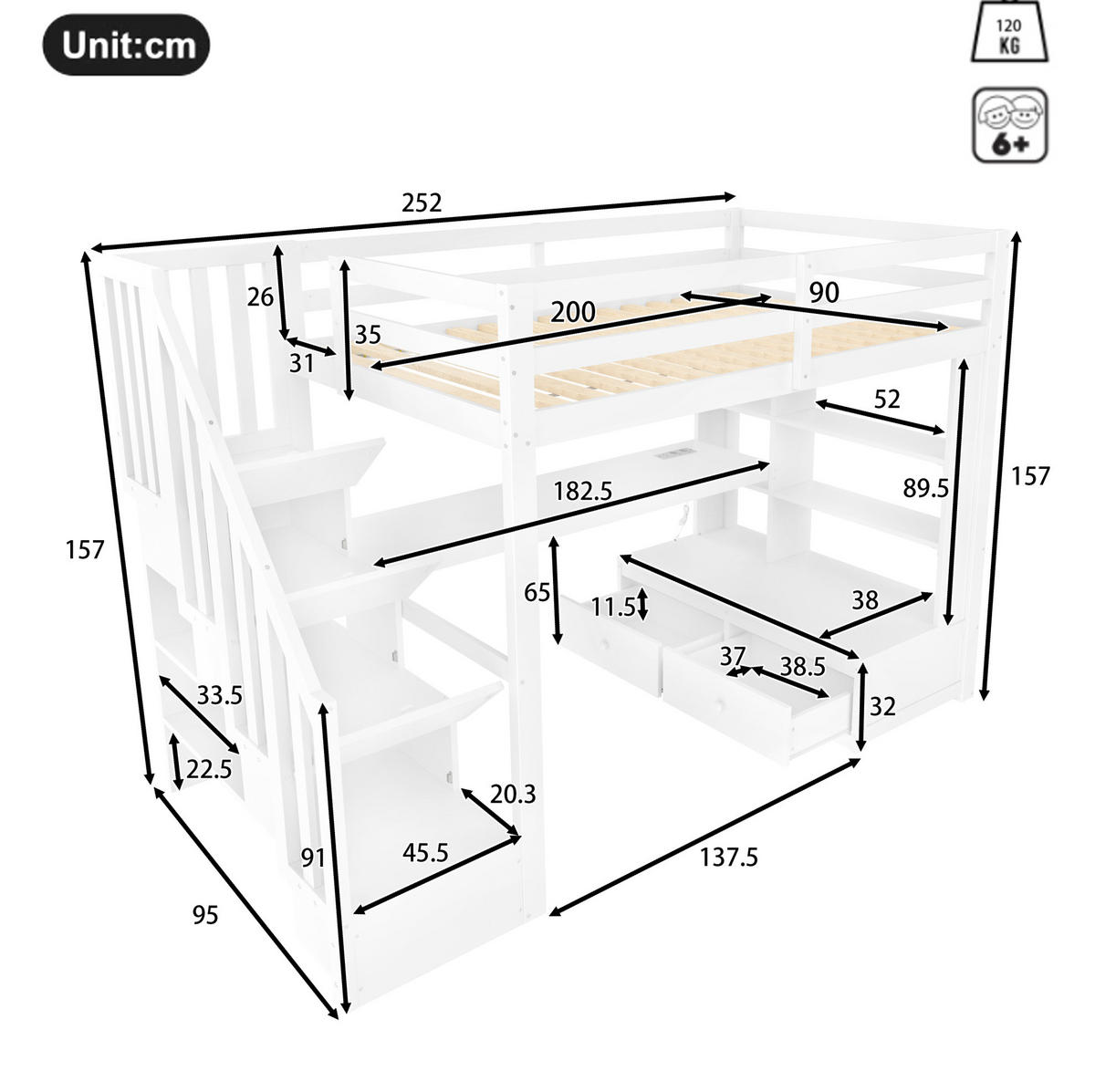 VYSOKÁ posteľ 90/200 cm biela z MDF a borovice s písacím stolom policami zásuvkami a LED - biela, kompozitné drevo (90/200cm) - OKWISH