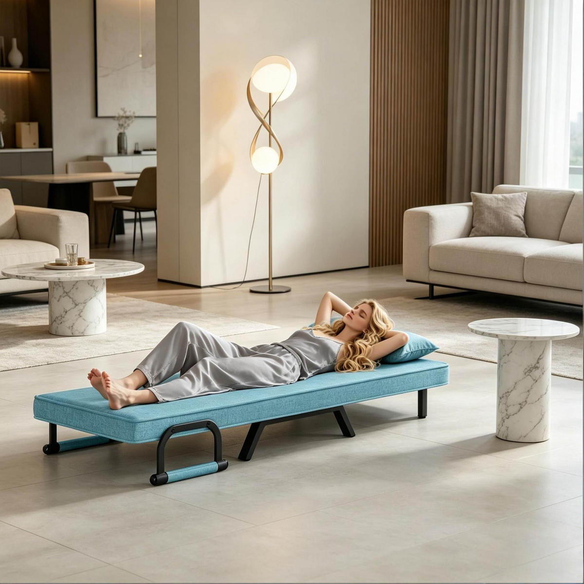 SCHLAFSESSEL 80/74/82 cm blau aus Leinen und Metall mit Bettfunktion - Blau, Textil (74/26/190cm) - OKWISH