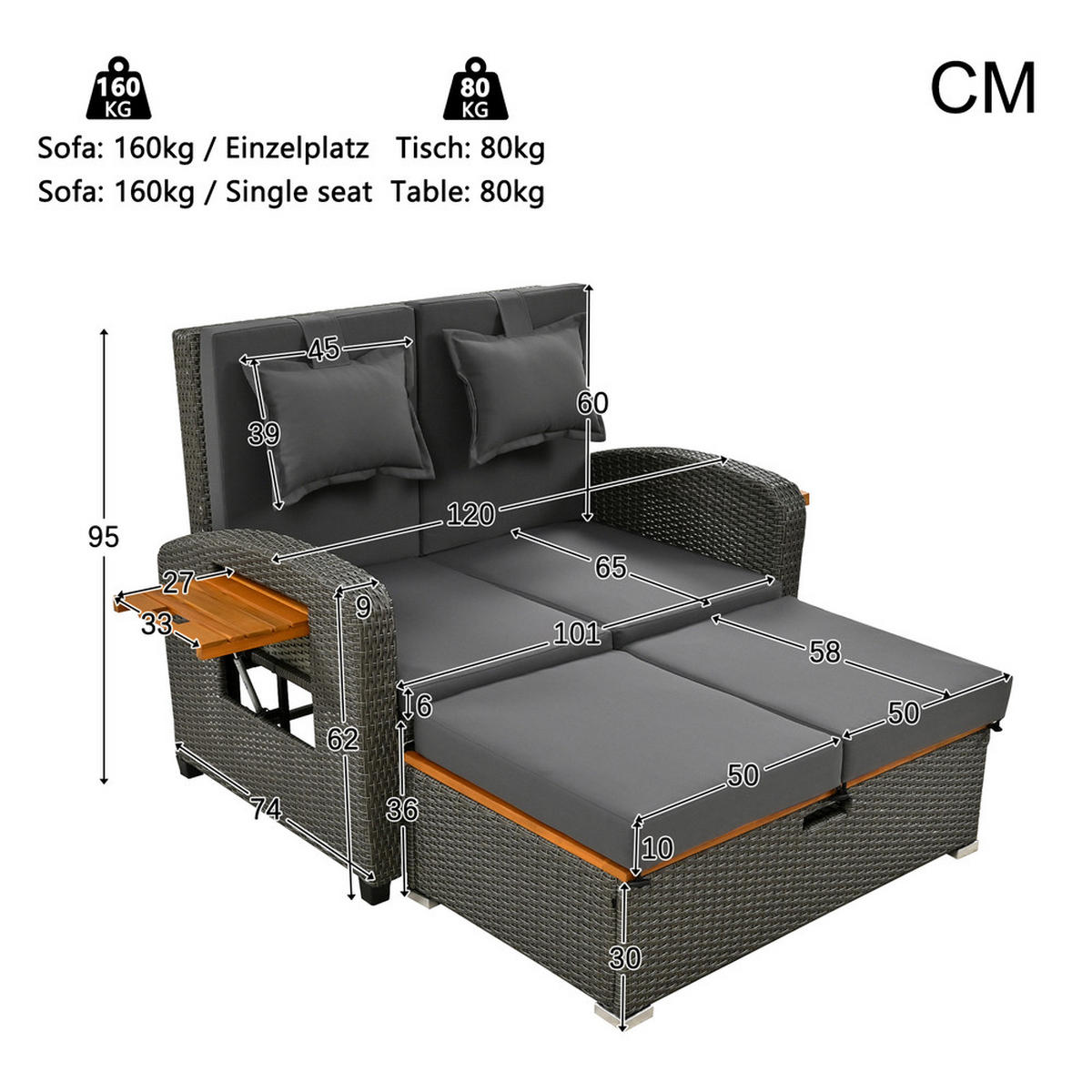 GARTENLOUNGE 2 Personen Grau Rattan verstellbar mit Hocker Kissen - Grau, Metall (53/29.21/84.8cm) - FLIEKS