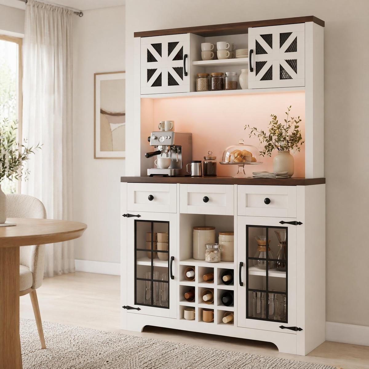 HIGHBOARD in Weiß mit LED-Beleuchtung und Schubladen für Küche und Wohnzimmer, B120/T40/H180 cm - Transparent/Weiß, Glas/Holzwerkstoff (120/180/40cm) - STILVORA