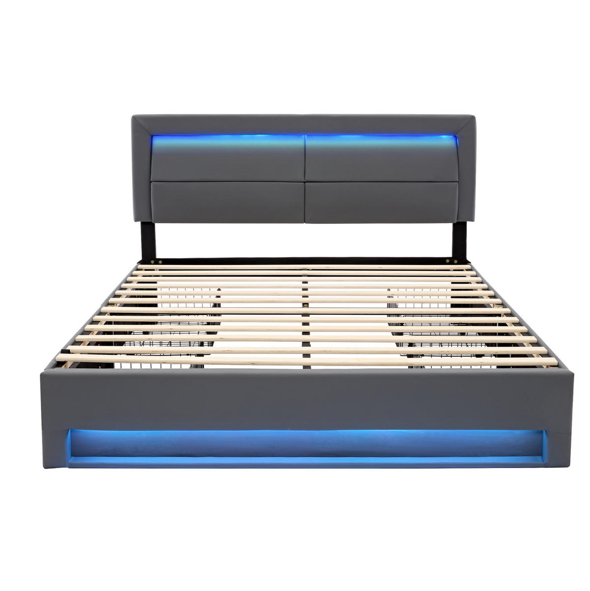 POLSTERBETT 140/200 cm mit LED-Beleuchtung, USB-Ladefunktion und 4 Schubladen - Grau, Kunststoff (140/200cm) - BEAOK
