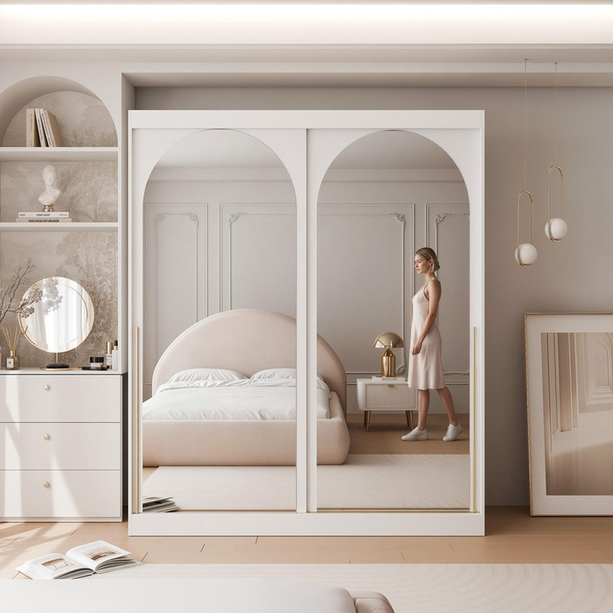 SCHWEBETÜRENSCHRANK CLARITY 2-türig 200/65/215 cm Weiß / goldene Griffe - Goldfarben/Weiß, Holzwerkstoff/Kunststoff (200/215/65cm) - Idohome