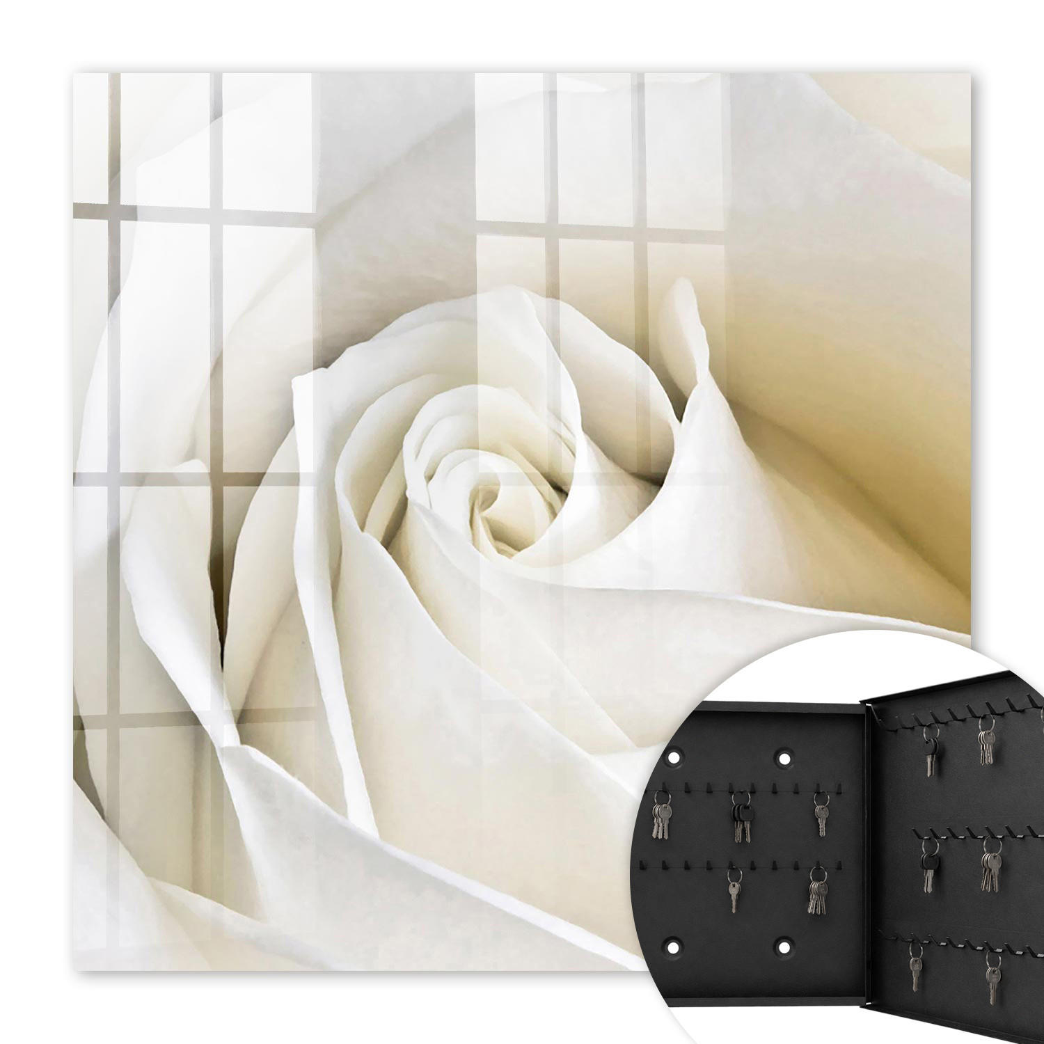 SCHLÜSSELBOX Schwarz 30x30 cm- Türöffnung nach rechts - Weiße Rose - Weiß, Metall (30/30/5cm) - TULUP
