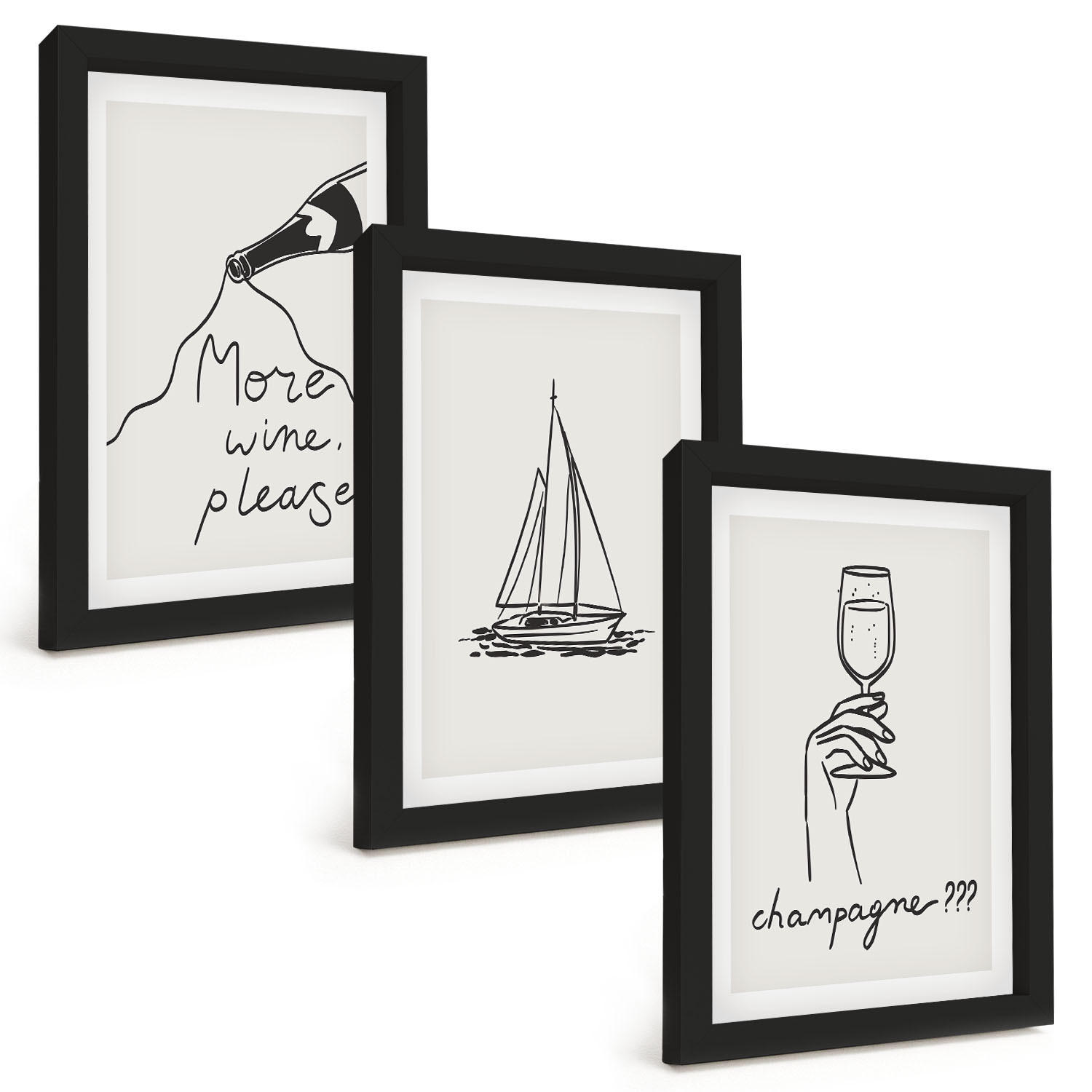 BILDER SET 3er Set - 20x30 cm Schwarzer Rahmen - Weinsegelboot-Glas-Linienzeichnung - Schwarz, Kunststoff (20/30cm) - TULUP