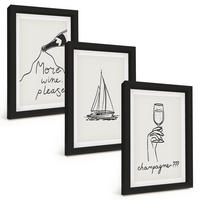 BILDER SET 3er Set - 20x30 cm Schwarzer Rahmen - Weinsegelboot-Glas-Linienzeichnung - Schwarz, Kunststoff (20/30cm) - TULUP