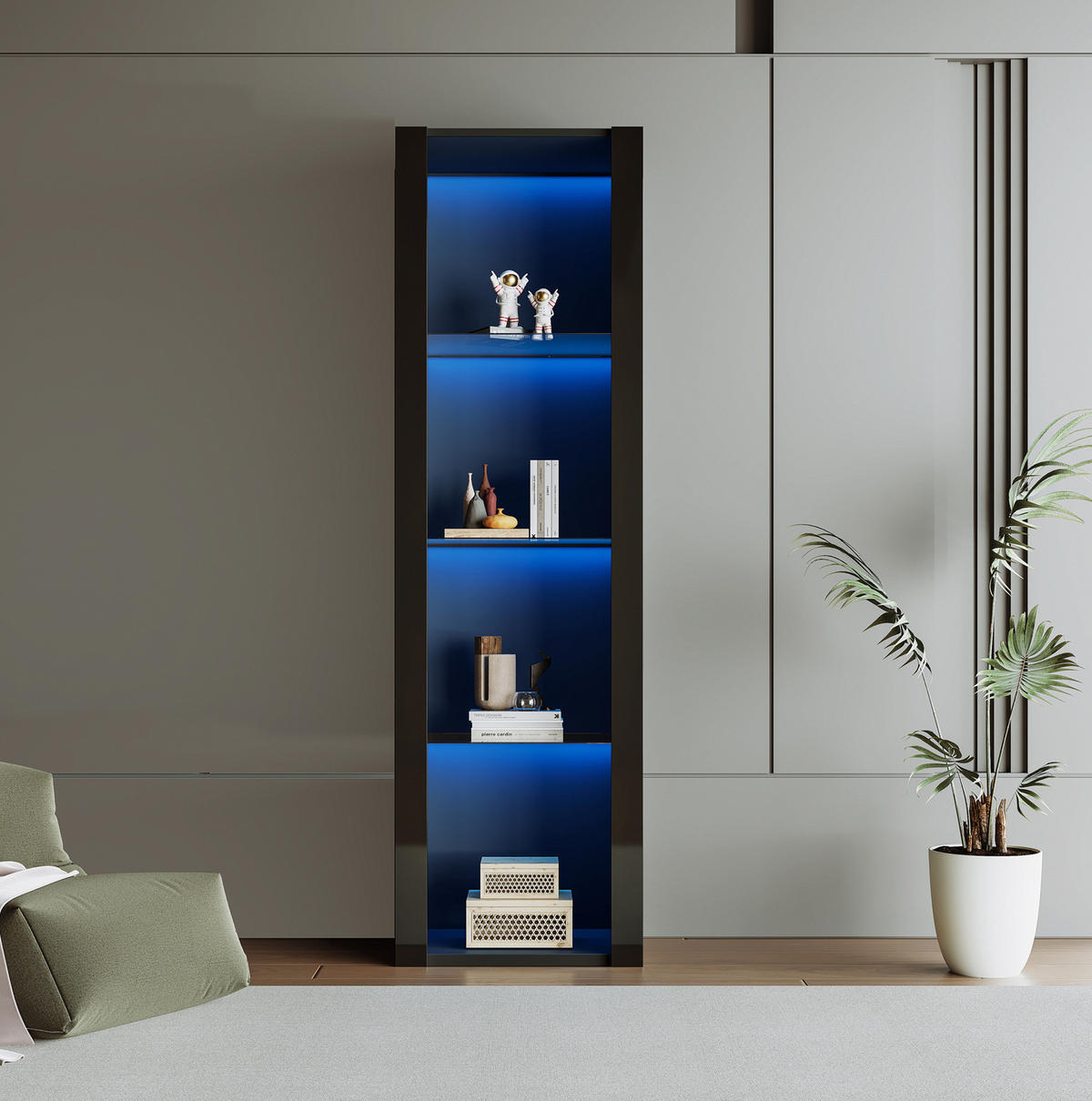 VITRINE 55/38/166 cm schwarz aus Spanplatte mit LED und 3 Glasböden - Schwarz, Holzwerkstoff (55/166/38cm) - OKWISH