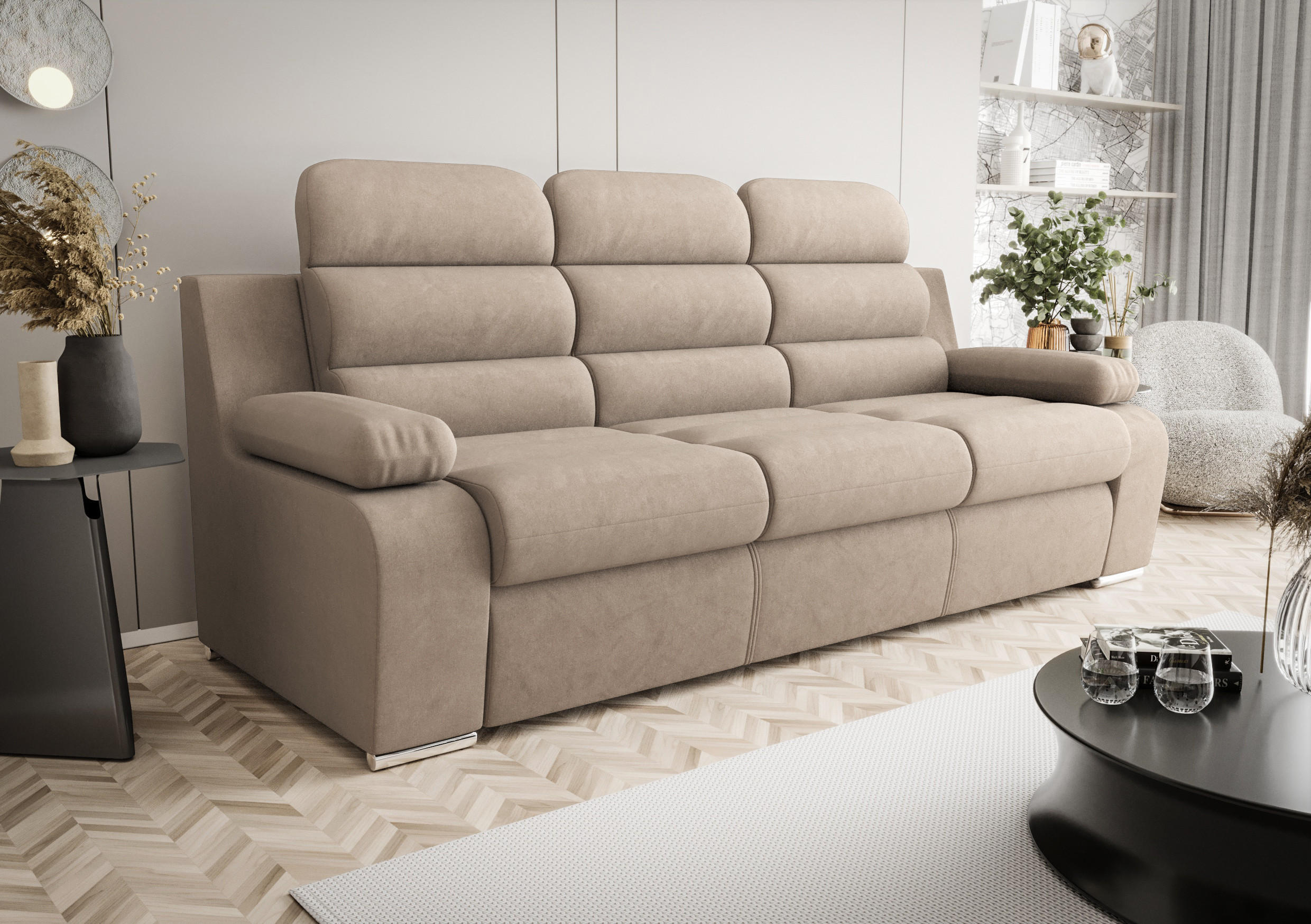 SCHLAFSOFA AMBER, mit Schlaffunktion und Bettkasten, Farbe: Creme, Velourstoff - Creme, Textil (238/103/96cm) - O-Sofa