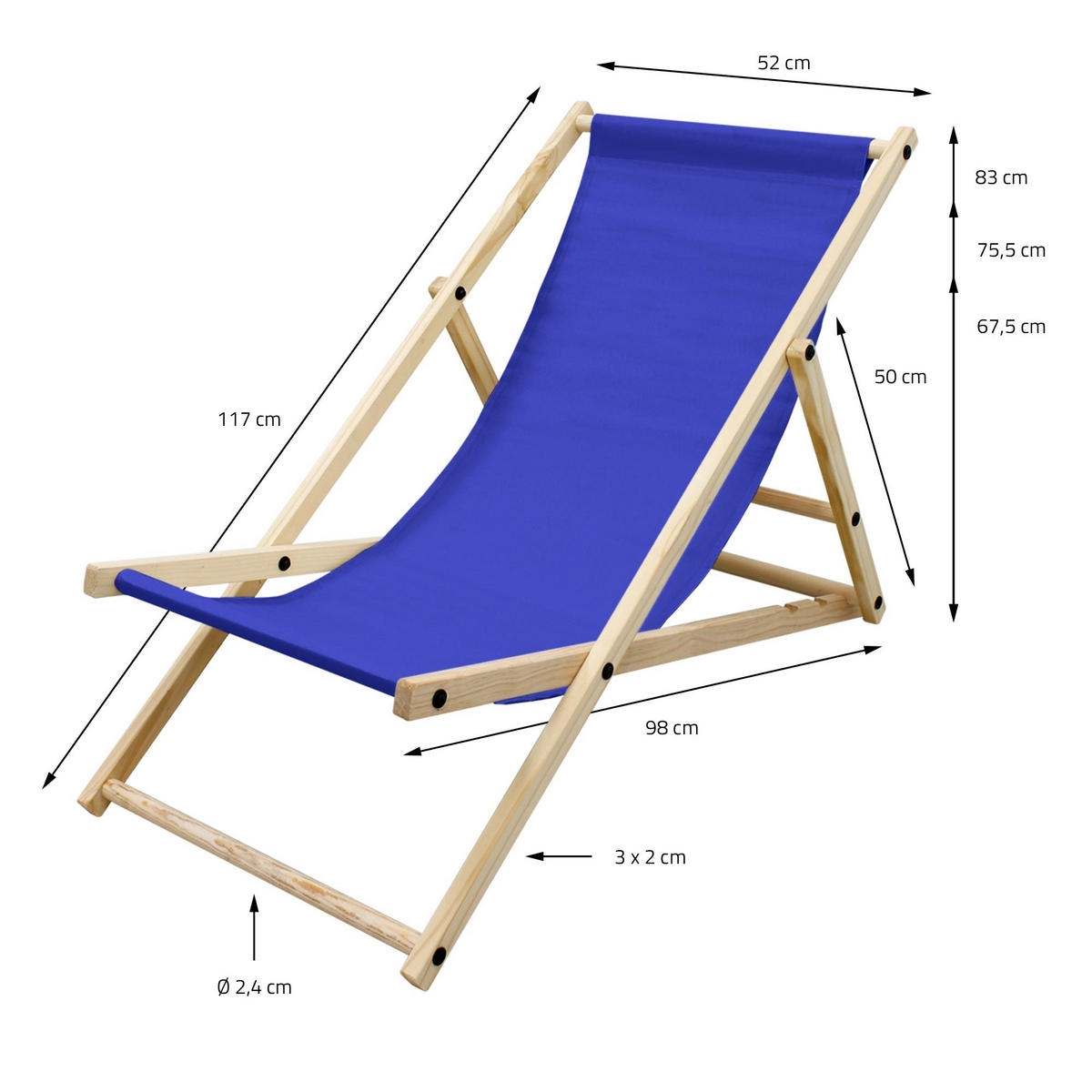 LIEGESTUHL samt Dunkelblau - Blau, Holz (52/83/117cm) - ECD-Germany